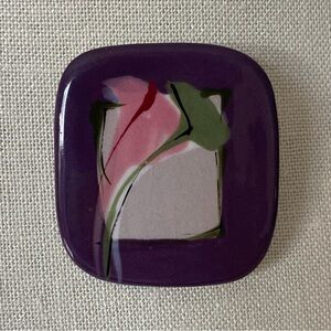 Vintage Ceramic Pin Brooch Hand Painted Signed Flowers Purple Pink Rectangle